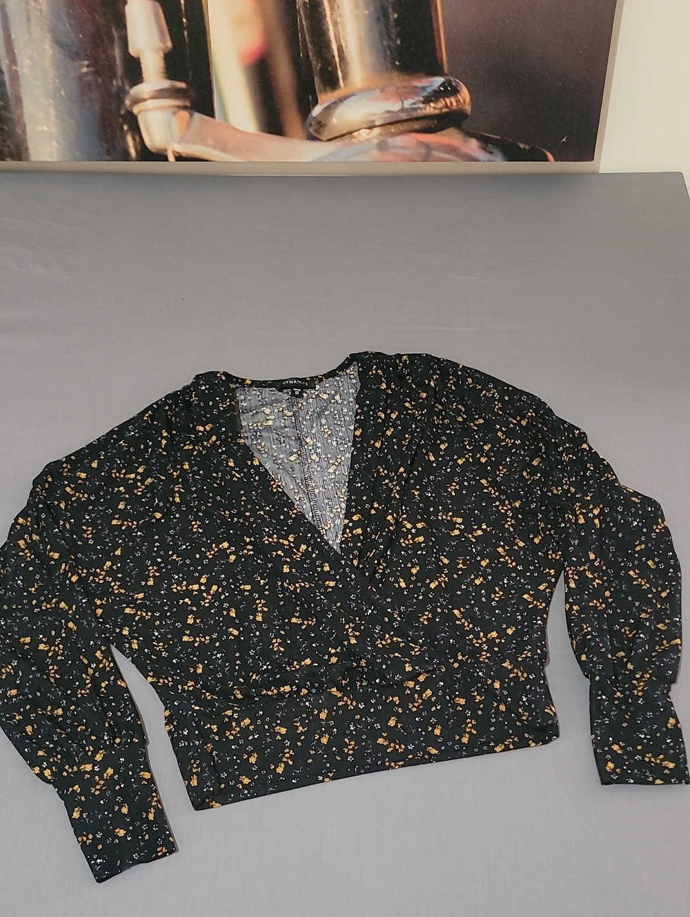 Dynamite Black Wrap Blouse with Small Gold Floral Print